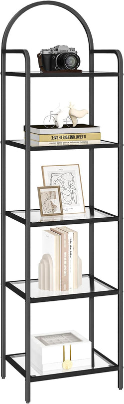 Bookcase Bookshelf, Tempered Glass Bookshelves, Slim Shelving Unit for Bedroom, Bathroom, Home Office, Steel Frame, 5 Tier Black BC05001B - LeafyLoom