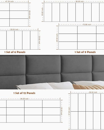 Wall Mounted Upholstered Headboard King, 3D Peel and Stick Soundproof Wall Panels, Reusable and Removable Padded Headboard Leather Bed Headboard, 12 Panels Headboard 9.84" x 23.62", Dark Grey - LeafyLoom