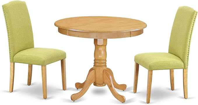 East West Furniture Antique 3 Piece Room Furniture Set Contains a Round Kitchen Table with Pedestal and 2 Limelight Linen Fabric Parson Dining Chairs, 36x36 Inch, ANEN3-OAK-07 - LeafyLoom