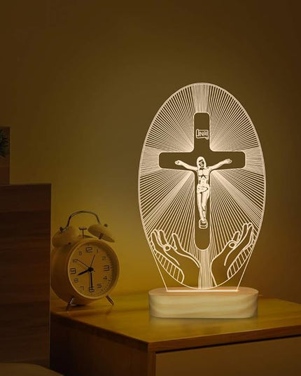 Baptism Gifts for Boys, Wood Bedside Lamp, Yellow, USB Powered, Jesus Cross Decor, LAMP - LeafyLoom
