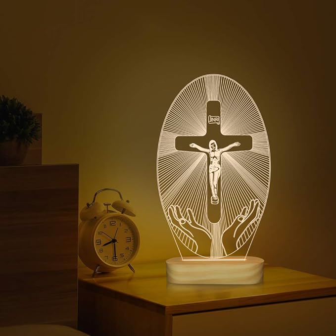 Baptism Gifts for Boys, Wood Bedside Lamp, Yellow, USB Powered, Jesus Cross Decor, LAMP - LeafyLoom