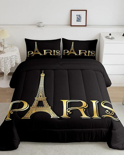 Erosebridal Eiffel Tower Comforter Set, City Building of Paris Bedding Set Twin Size, Gold Black Duvet Sets for Kids Boys Girls Teens Bedroom, Soft Microfiber Bedding Comforters with 1 Pillow Case - LeafyLoom