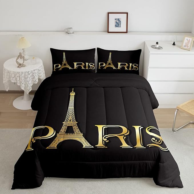 Erosebridal Eiffel Tower Comforter Set, City Building of Paris Bedding Set Twin Size, Gold Black Duvet Sets for Kids Boys Girls Teens Bedroom, Soft Microfiber Bedding Comforters with 1 Pillow Case - LeafyLoom