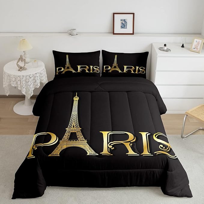 Erosebridal Eiffel Tower Comforter Set, City Building of Paris Bedding Set Queen Size, Gold Black Duvet Sets for Kids Boys Girls Teens Bedroom, Soft Microfiber Bedding Comforters with 2 Pillow Cases - LeafyLoom
