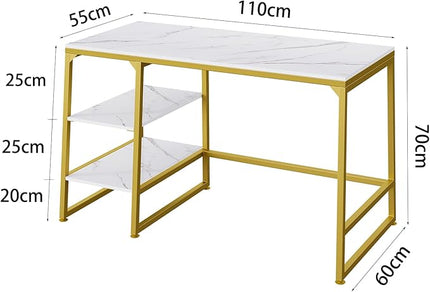 CIVANA Metal Office Desk，43 Inch Small Study Desk,Gold Office Desk with 2 Tier Storage Space，Computer Desk Modern Simple Style，Sturdy Writing Workstation for Home & Office，White Marble + Gold Leg - LeafyLoom
