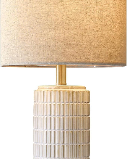 PoKat 23'' Bedside Table Lamp for Bedroom Nightstand - Ceramic Lamp for Living Room, White Night Stand Light Lamp with Round Linen Shade, Modern Bedroom Lamp Beige - LeafyLoom