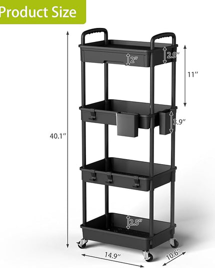 4 Tier Small Rolling Cart Organizer,Art Craft Diaper Bedside Snack Cart Laundry Room Bathroom Organizer Narrow Thin Slim Rolling Trolley Utility Cart with Wheels for Kitchen,Office(Black) - LeafyLoom