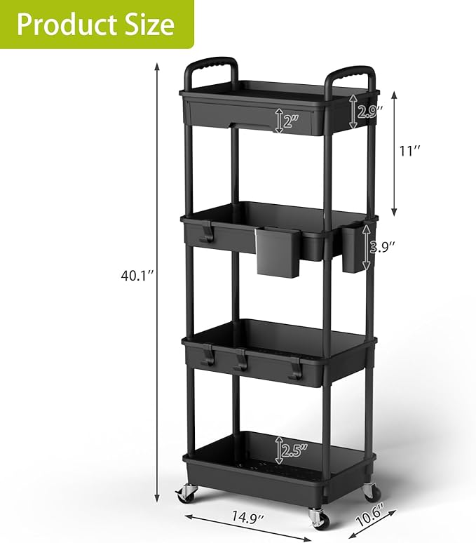 4 Tier Small Rolling Cart Organizer,Art Craft Diaper Bedside Snack Cart Laundry Room Bathroom Organizer Narrow Thin Slim Rolling Trolley Utility Cart with Wheels for Kitchen,Office(Black) - LeafyLoom