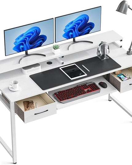 ODK Computer Desk Study Table, 55 Inch Office Desk with Drawers and Keyboard Tray, Study Desk Work Desk with Monitor Shelf, Writing Desk with Storage for Home Office, White - LeafyLoom