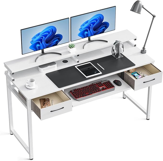 ODK Computer Desk Study Table, 55 Inch Office Desk with Drawers and Keyboard Tray, Study Desk Work Desk with Monitor Shelf, Writing Desk with Storage for Home Office, White - LeafyLoom