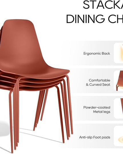 COLAMY Stackable Dining Chairs Set of 4, Indoor Outdoor Dining Room Side Chairs with Metal Legs, Modern Plastic Patio Chairs for Home/Kitchen/Office/Resturant/Bistro/Cafe, Orange - LeafyLoom