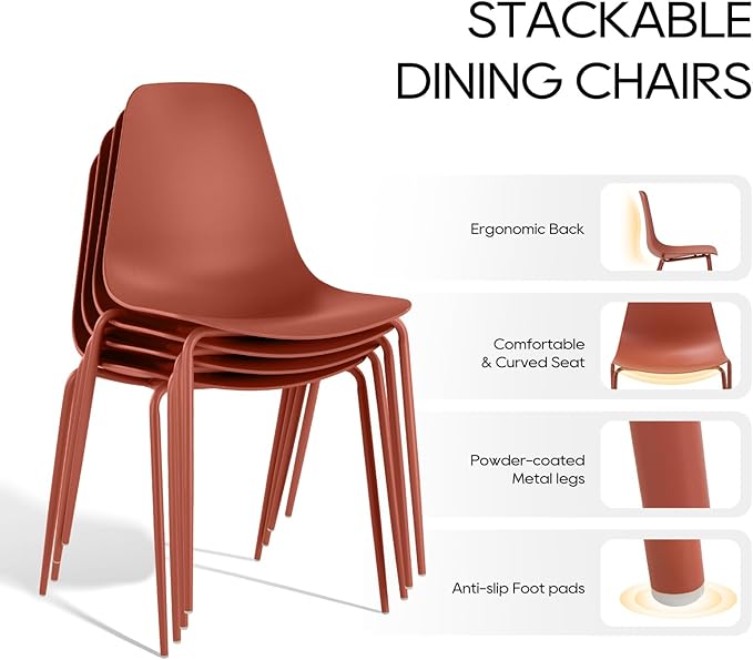 COLAMY Stackable Dining Chairs Set of 4, Indoor Outdoor Dining Room Side Chairs with Metal Legs, Modern Plastic Patio Chairs for Home/Kitchen/Office/Resturant/Bistro/Cafe, Orange - LeafyLoom