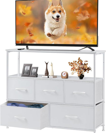 Sweetcrispy 5 Fabric Drawer Dresser TV Stand for Bedroom, Entertainment Center for 45 Inch TV with Storage Drawer Unit, Open Shelf, Adjustable Feet, Living Room, White - LeafyLoom
