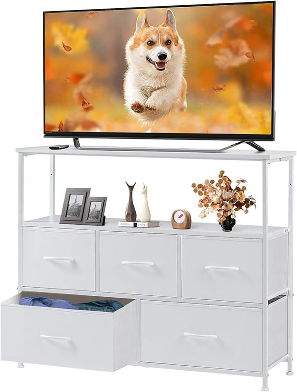 Sweetcrispy 5 Fabric Drawer Dresser TV Stand for Bedroom, Entertainment Center for 45 Inch TV with Storage Drawer Unit, Open Shelf, Adjustable Feet, Living Room, White - LeafyLoom