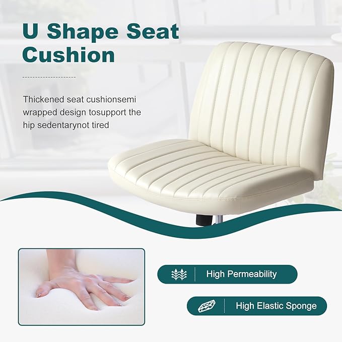 OLIXIS Cross Legged Armless Wide Adjustable Swivel Padded Home Office Desk Chair, Cream - LeafyLoom