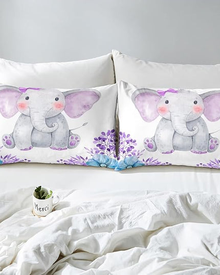 Kids Elephant Bedding Set Cute Animal Comforter Set Full For Girls Boys Kawaii Room Decor, Flower Branches Duvet Sets Cartoon Elephant With Floral Down Comforter With 2 Pillow Cases, Purple Blue - LeafyLoom
