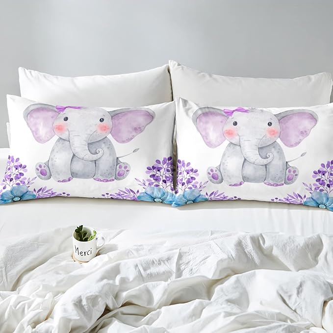Kids Elephant Bedding Set Cute Animal Comforter Set Twin For Girls Boys Kawaii Room Decor, Flower Branches Duvet Sets Cartoon Elephant With Floral Down Comforter With 1 Pillow Case, Purple Blue - LeafyLoom