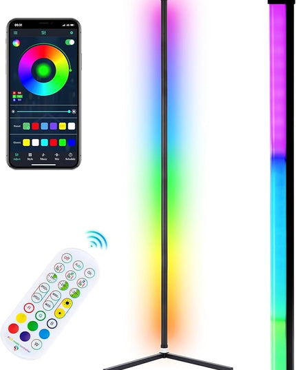 RGB Corner Floor Lamp, Bluetooth APP and Remote Control Music Sync LED Modern Floor Lamp for Living Room, Light Timing, 398 Dimmable Modes, 64.5" RGB Color Changing Mood Lighting - LeafyLoom