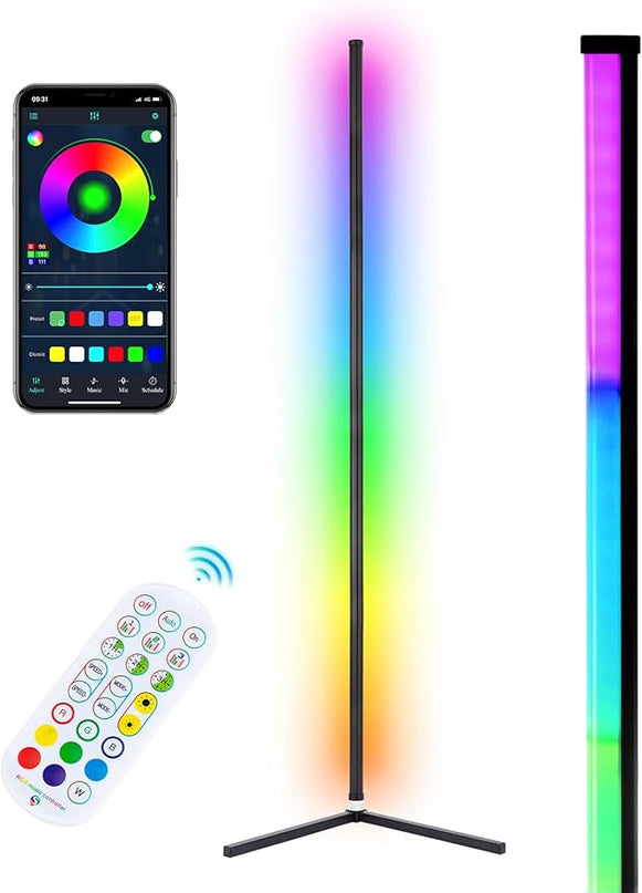 RGB Corner Floor Lamp, Bluetooth APP and Remote Control Music Sync LED Modern Floor Lamp for Living Room, Light Timing, 398 Dimmable Modes, 64.5" RGB Color Changing Mood Lighting - LeafyLoom