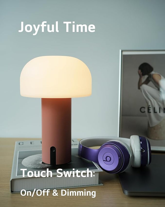 Outdoor Mushroom Table Lamp Rechargeable, Cordless Lamps for Patio Waterproof, Portable Battery Operated Lamp with USB Charging, Touch Dimming Night Light for Home/Porch/Restaurant (Pink) - LeafyLoom