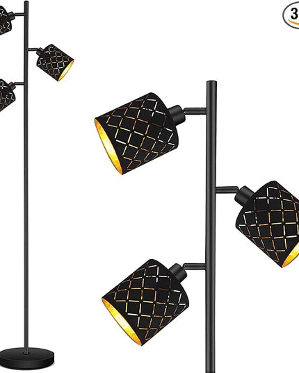 Industrial Floor Lamps for Living Room, Tree Standing Lamp for Bedroom with Adjustable 3-Light, 4W E12 LED Bulb, Modern Stand Up Lamps, Metal Tall Rustic Pole Lamp, Vintage Farmhouse Floor Lamp, Black - LeafyLoom