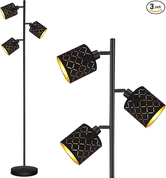 Industrial Floor Lamps for Living Room, Tree Standing Lamp for Bedroom with Adjustable 3-Light, 4W E12 LED Bulb, Modern Stand Up Lamps, Metal Tall Rustic Pole Lamp, Vintage Farmhouse Floor Lamp, Black - LeafyLoom