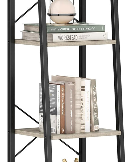 Ladder Shelf, Bookshelf Bookcase, Freestanding Corner Storage Shelve with 2 Hooks for Home Office, Living Room, Kitchen, Bedroom, Industrial, 4-Tier Greige BC13205B - LeafyLoom