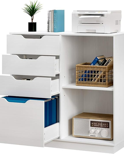4 Drawers Lateral File Cabinets, Wood Filing Cabinet, Printer Stand with Open Storage Shelves for Home Office, 6 Compartments, White - LeafyLoom