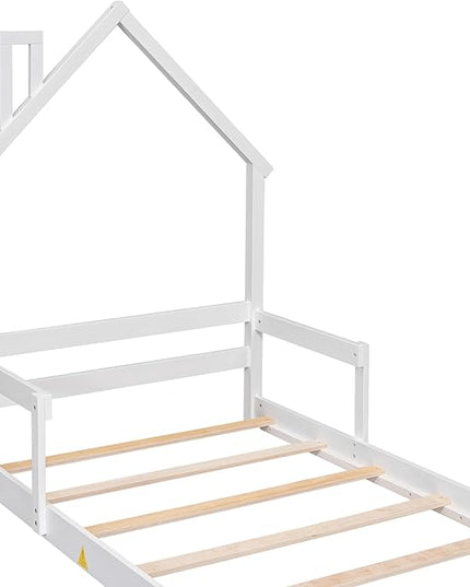 Bellemave Twin Size House-Shaped Headboard Floor Bed for Kids,Montessori Floor Bed with Handrails and Slats,Wood House Bed Twin for Girls,Boys(Twin,White) - LeafyLoom