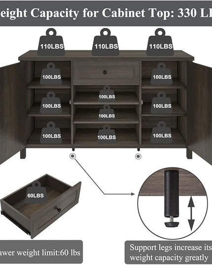 FATORRI Industrial Buffet Cabinet with Storage, Farmhouse Sideboard Cabinet with Wine Rack, Rustic Wood Coffee Bar Cabinet for Kitchen (55.12 Inch, Walnut Brown) - LeafyLoom