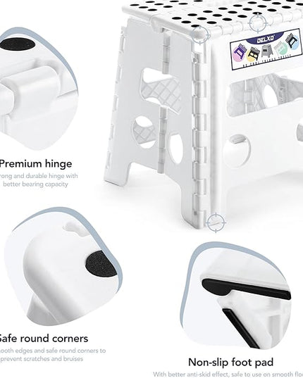 Delxo 13" Folding Step Stool for Kids and Adults, Non-Slip Foldable Step Stools with Handle,Plastic Portable Folding Stool for Bathroom,Bedroom,Kitchen,Hold up to 300lbs White - LeafyLoom