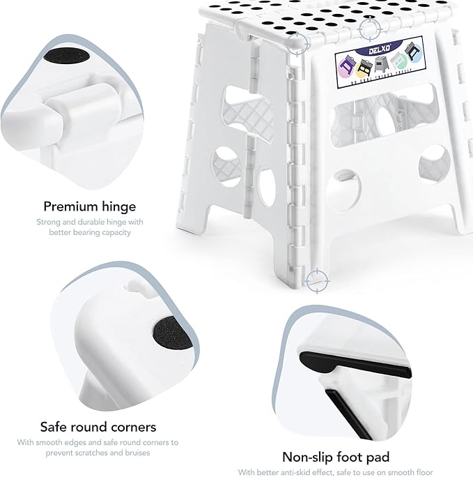 Delxo 13" Folding Step Stool for Kids and Adults, Non-Slip Foldable Step Stools with Handle,Plastic Portable Folding Stool for Bathroom,Bedroom,Kitchen,Hold up to 300lbs White - LeafyLoom