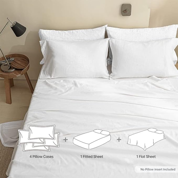 Simple&Opulence 100% Linen Sheet Set Solid Color- 6 Pcs Washed French Flax Bed Sheets (1 Flat Sheet, 1 Fitted Sheet, 4 Pillowcases) - Breathable Home Collection (Basic White, Queen) - LeafyLoom