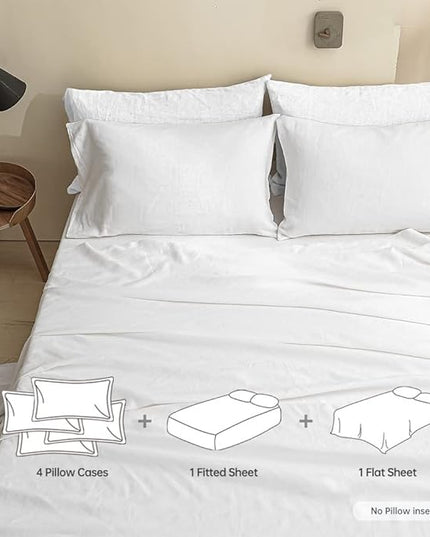 Simple&Opulence 100% Linen Sheet Set Solid Color- 6 Pcs Washed French Flax Bed Sheets (1 Flat Sheet, 1 Fitted Sheet, 4 Pillowcases) - Breathable Home Collection (Basic White, King) - LeafyLoom