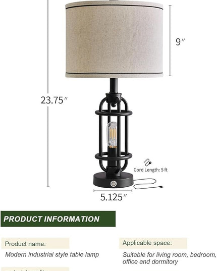 Industrial Black Metal Table Lamps Living Room 23.75'' Lamp for Nightstand Set of 2 Bedside End Lamp Home Decor Touch Lamp Modern Lamps with USB Ports - LeafyLoom