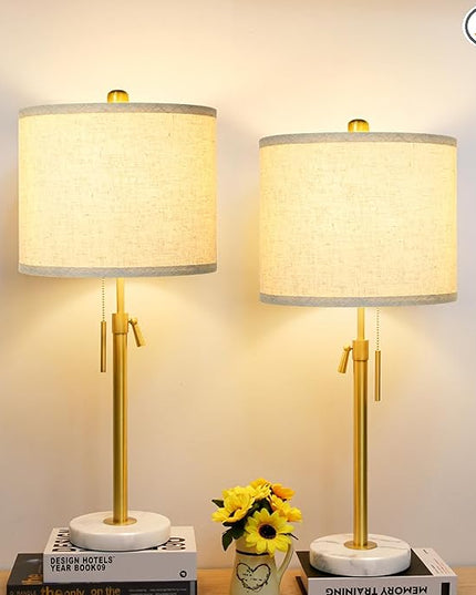 Table Lamp Set of 2: 22" to 30" Height Adjustable Pull Chain Switch for Living Room Bedroom End Table, Marble Base Beige Linen Shade Gold Nightstand Lamp for Office, Bedside Table (Gold, Beige Shade) - LeafyLoom