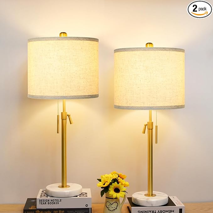 Table Lamp Set of 2: 22" to 30" Height Adjustable Pull Chain Switch for Living Room Bedroom End Table, Marble Base Beige Linen Shade Gold Nightstand Lamp for Office, Bedside Table (Gold, Beige Shade) - LeafyLoom