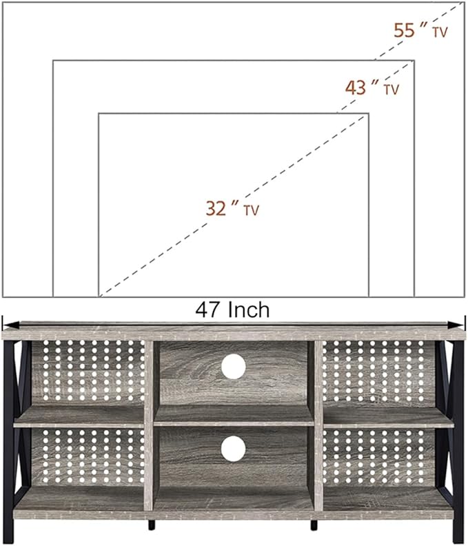 LVB Rustic TV Stand for 55 Inch TV, Industrial Home Entertainment Center with Cabinet Storage Shelf, Modern Wood and Metal Television Media Console Table for Bedroom Living Room, Light Gray Oak, 47 In - LeafyLoom