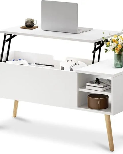 Coffee Table Lift Top - White Coffee Table with Lifting Top and Hide Compartment Storage - Lift Coffee Table Rectangle - Wood Coffee Tables for Living Room - LeafyLoom