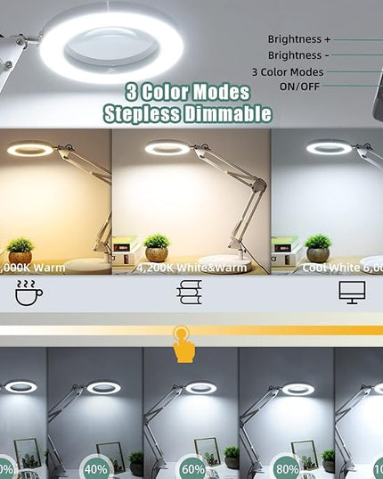 Magnifying Glass with Lihgt and stand, Veemagni 8X Real Glass 2-in-1 Desk Lamp & Clamp, 3 Color Modes Stepless Dimmable, LED Lighted Magnifier with Light for Reading Crafts Repair Close Works - White - LeafyLoom
