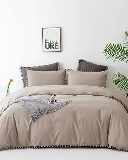 Deep Champagne Comforter Set Full Pom Pom Fringe Comforter 3 PCs Soft Taupe Boho Ball Pom Pom Full Comforter Bedding Women Men Solid Dark Khaki Full Bed Comforter Set All Season Gift - LeafyLoom