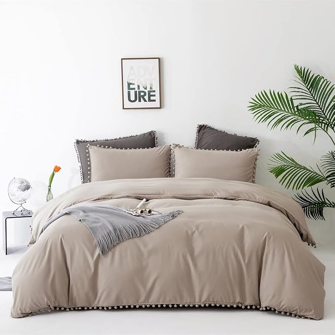 Deep Champagne Comforter Set Full Pom Pom Fringe Comforter 3 PCs Soft Taupe Boho Ball Pom Pom Full Comforter Bedding Women Men Solid Dark Khaki Full Bed Comforter Set All Season Gift - LeafyLoom