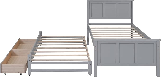 Merax Wood Bed with Trundle and 2 Drawers Twin Daybed Frame for kids Teens Adults/No Box Spring Needed Grey - LeafyLoom