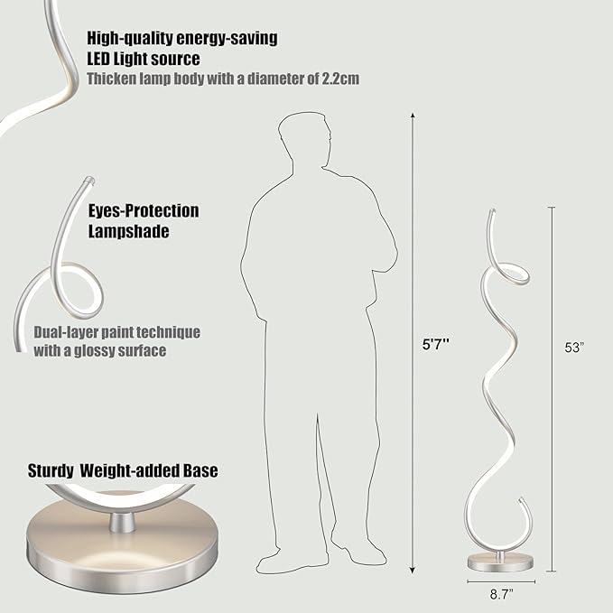 Modern Floor Lamps for Living Room, LED 53" Tall 30W Silver Spiral Corner Floor Lamp with Remote, 3 Color Temperature, Stepless Dimmable, Bright Standing Lamp for Bedroom Home Office Deco - LeafyLoom