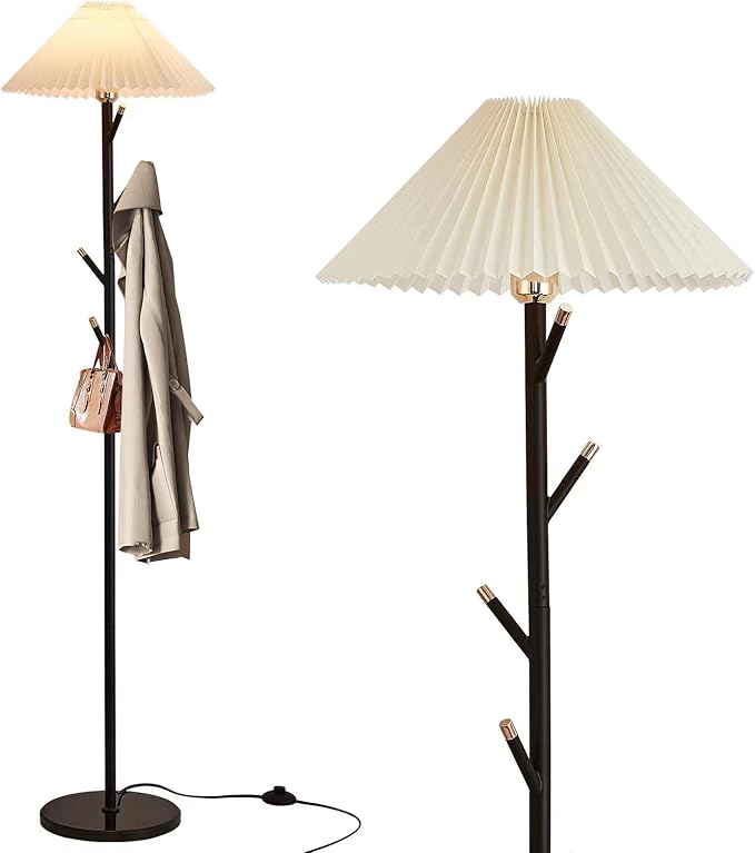 Unique Floor Lamps Modern,Black Simple Floor Lamp with Coat Rack,Tree LED standing lamp ,Lamparas De Pie Para Sala for Living Room Office or Bedroom - Includes Two Pleated Lampshades (Beige+Green) - LeafyLoom