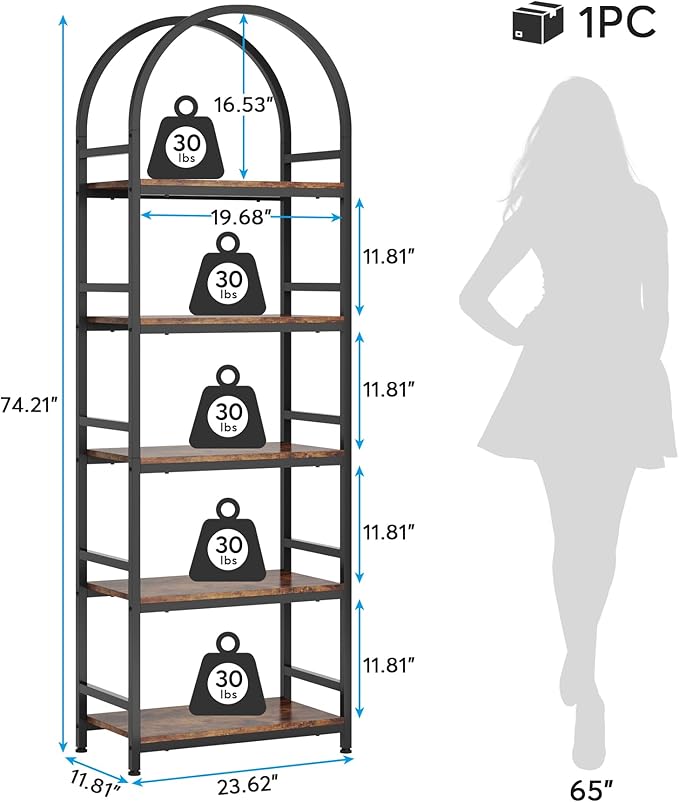 Tribesigns 5-Tier Open Bookshelf, 74.4" Wood Bookcase Storage Shelves with Metal Frame, Freestanding Display Rack Tall Shelving Unit for Office, Bedroom, Living Room, Easy Assembly(Brown, 1PC) - LeafyLoom
