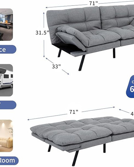 MUUEGM Futon Couch Bed, Convertible Memory Foam Sofa Bed, Modern Love Seat Daybed Sofa for Living Room,Small Space,Office,71",Adjustable Backrests Armrests Couch Bed Sleeper,Light Grey - LeafyLoom