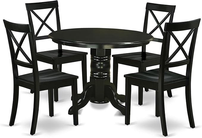 East West Furniture SHBO5-BLK-W 5 Piece Set Includes a Round Kitchen Table with Pedestal and 4 Dining Chairs, 42x42 Inch - LeafyLoom