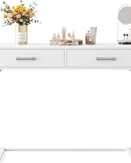 Computer Desk with 2 Drawers, Wooden Writing Desks for Home Office, White - LeafyLoom