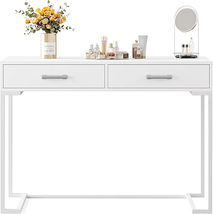 Computer Desk with 2 Drawers, Wooden Writing Desks for Home Office, White - LeafyLoom